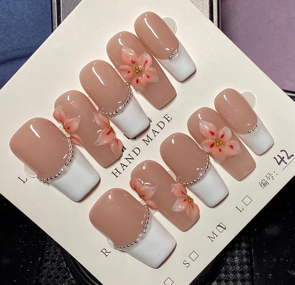 Gorgeous Pink 3D Flower French Tip Handmade Square Shape Press-On Nails Medium - Picture 1 of 5